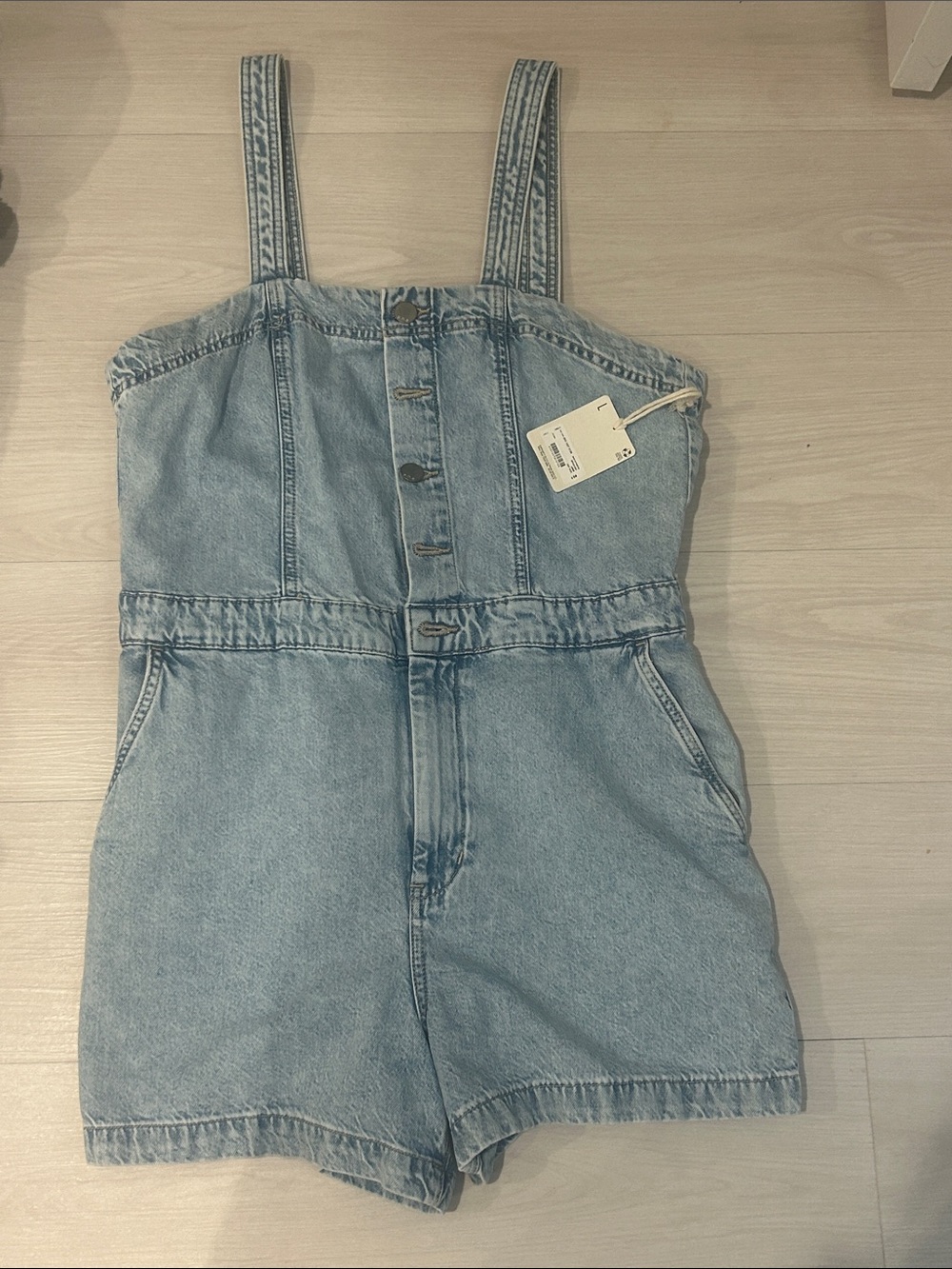 a.n.a Light Blue Denim Short Overalls with Front Buttons